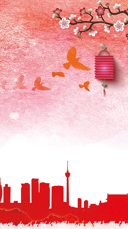 红色春节灯笼梅花树背景
