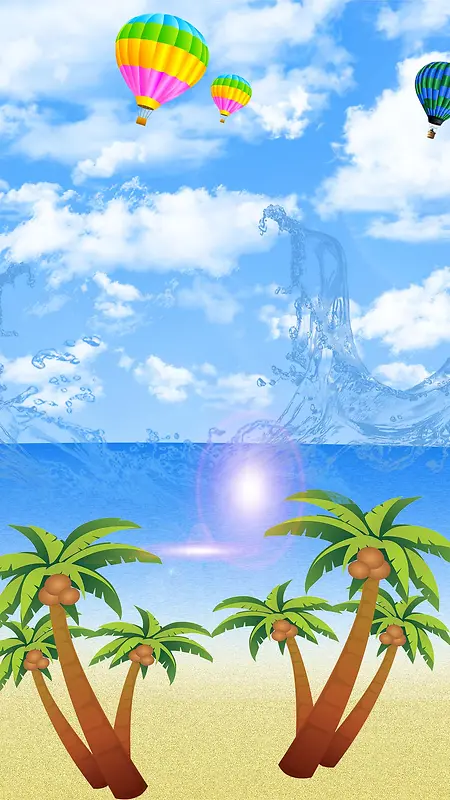 蓝色天空梦幻热气球椰子树大海H5背景