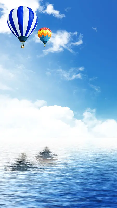 蓝色湖面白云热气球梦幻H5背景