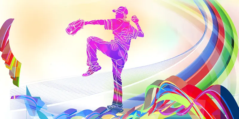 运动棒球人物剪影彩色线条海报背景
