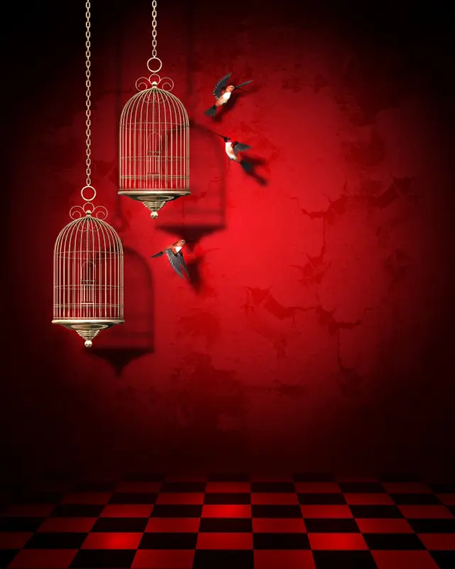 唯美复古红色鸟笼海报背景模板