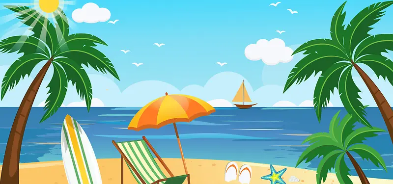 盛夏海边度假卡通童趣文艺蓝色背景