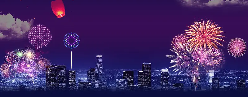 城市夜空梦幻烟花紫色banner