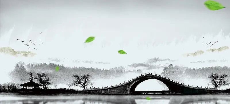 中国风断桥绿叶杭州绿叶灰色背景