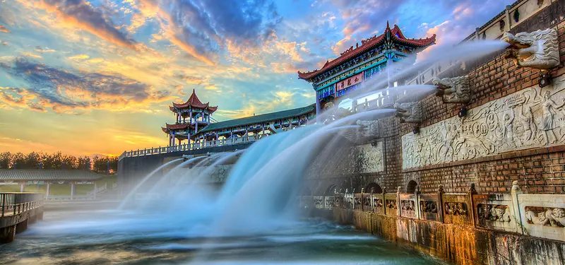 中国建筑喷泉背景图