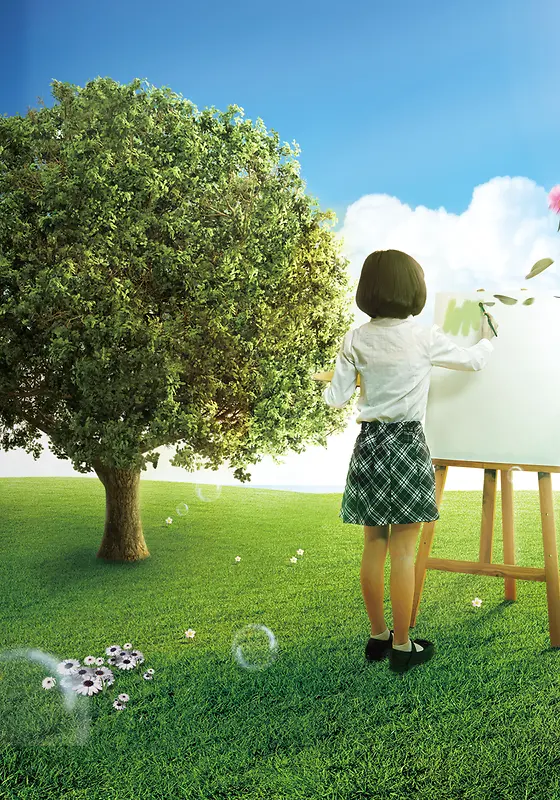 绿树旁边画画的小女孩背景素材