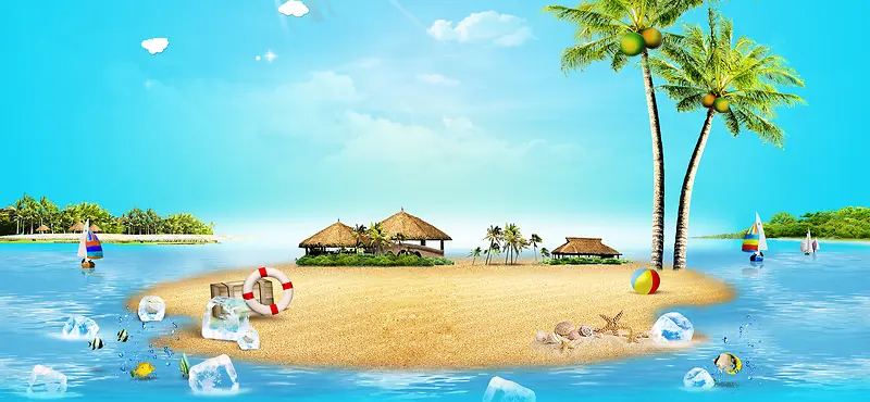 夏天海边出游椰树蓝天景色背景