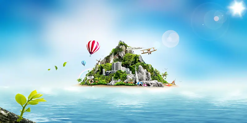 唯美蓝天海岛别墅地产旅游海报背景模板