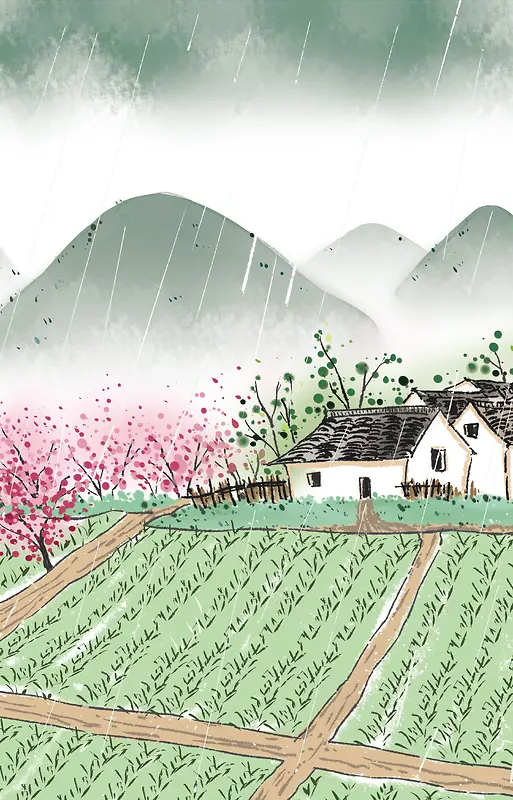 田地尽头的山脉和房屋背景素材