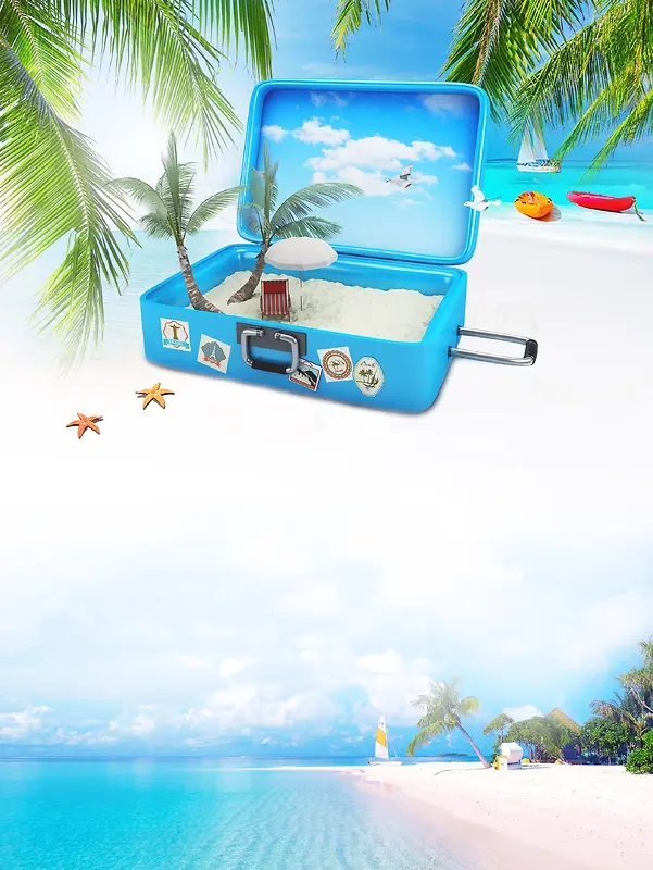 蓝天白云风景旅行旅游行李海滩背景素材