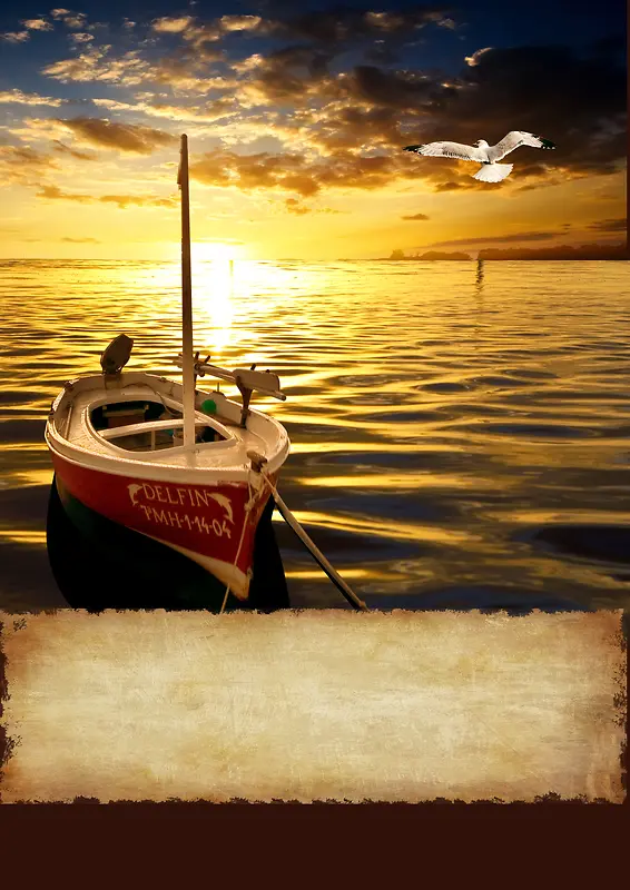 湖泊小船夕阳背景