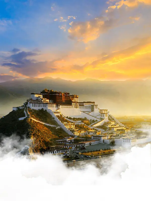 蓝天白云风景黄昏宫殿建筑西藏背景素材