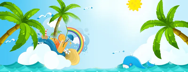 夏日海边度假卡通景色蓝色背景