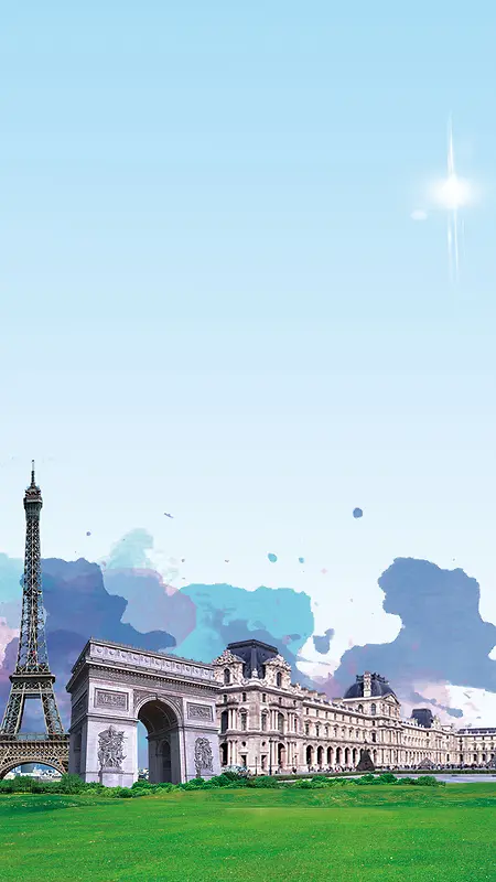 蓝色水彩法国旅游PSD分层H5背景素材