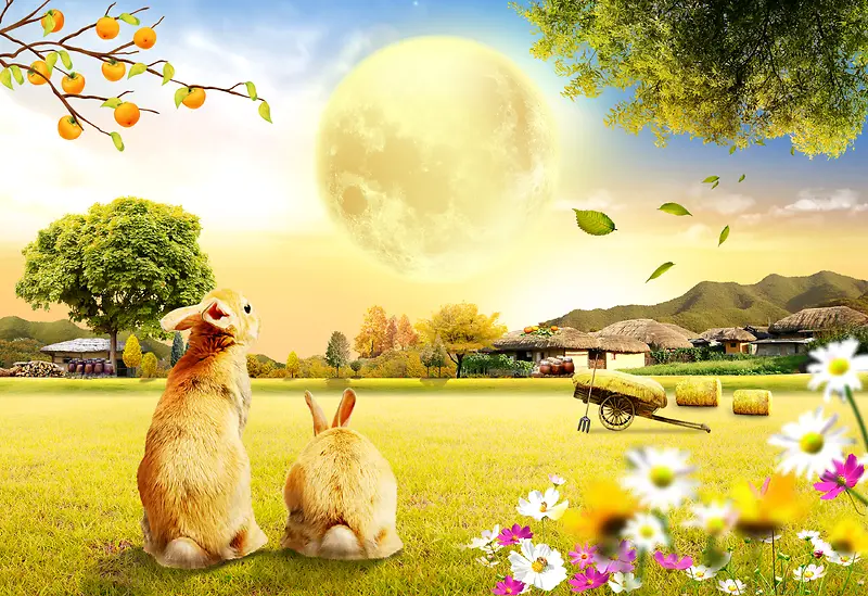 浪漫温馨田园风光兔子背景