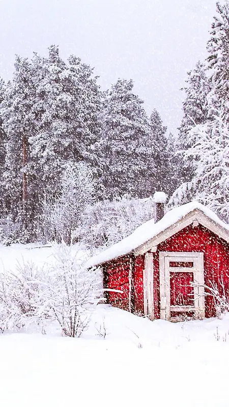 红色房屋冬季雪景H5背景图