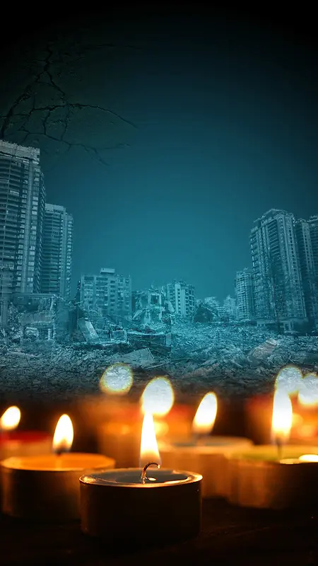 深绿色烛光蜡烛城市建筑摧毁