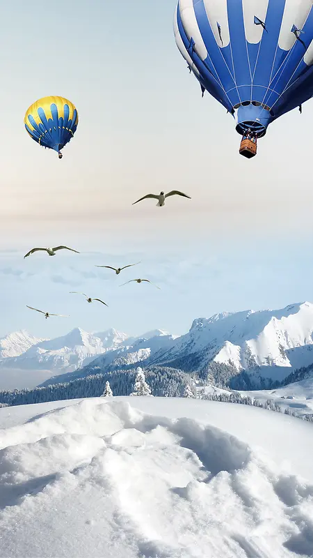 雪地雪山积雪山峰热气球鸟