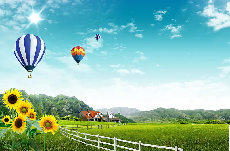 蓝天白云草地向日葵热气球海报背景素材