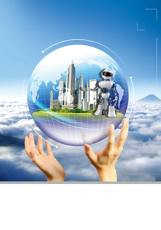 双手托起的球中的建筑物和机器人海报背景