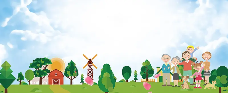 全家出游卡通户外蓝色banner
