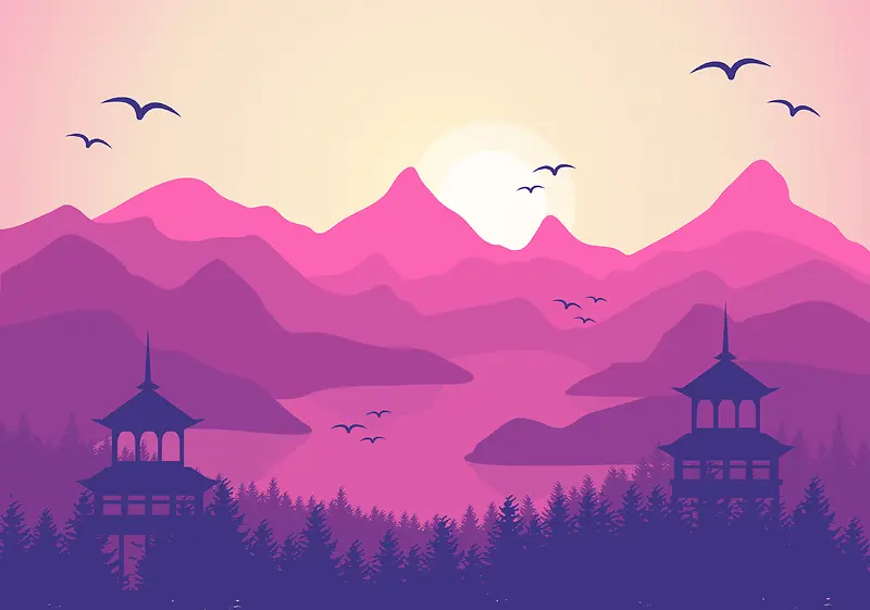 紫色唯美风景画册海报矢量背景素材