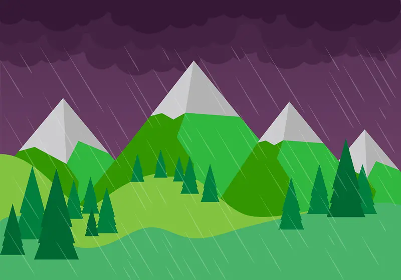 卡通扁平山林雨天风景背景素材