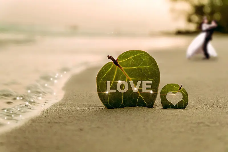 浪漫沙滩绿色树叶示爱背景