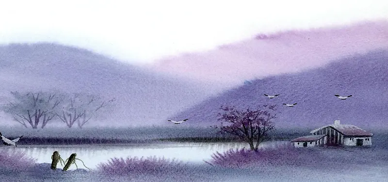 油画秋季河流风景