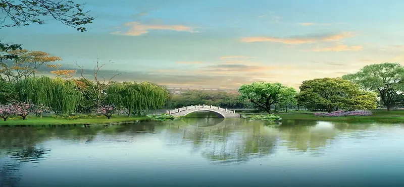 美丽风景河流小桥柳树背景