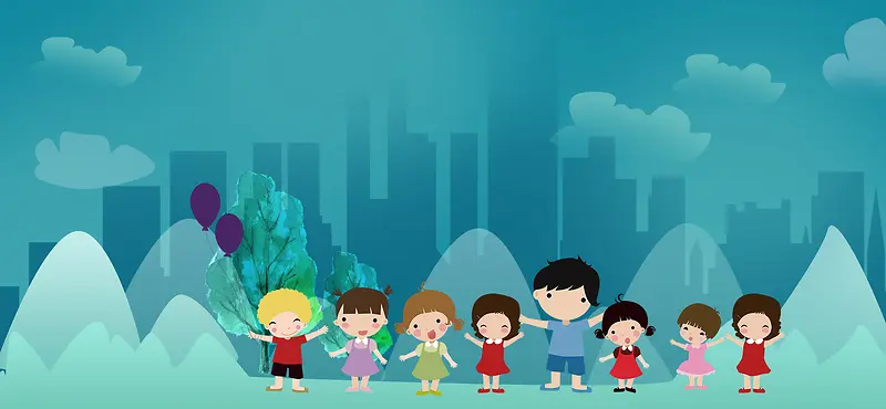 61儿童节城市剪影蓝色背景