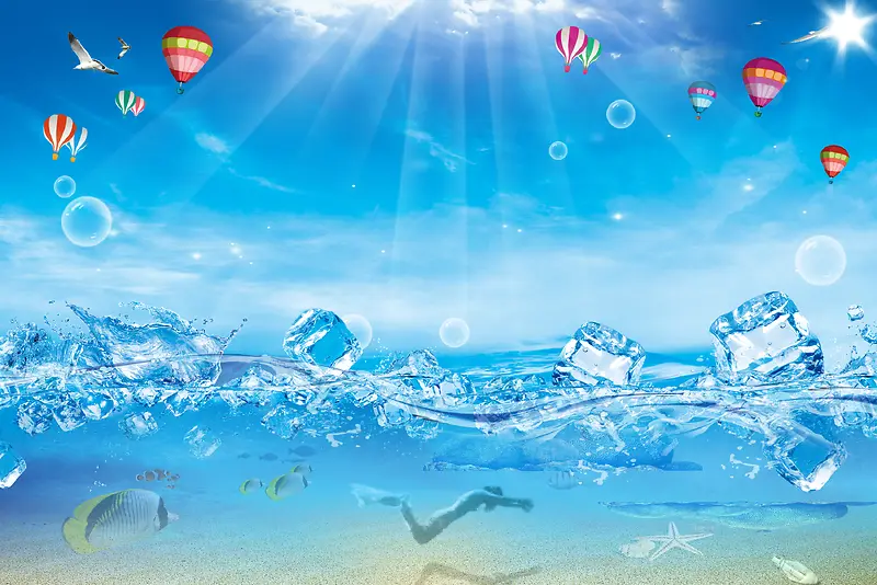 唯美蓝色海底冰块海报背景模板