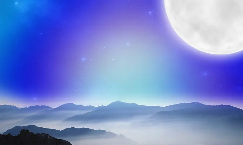 蓝色唯美月亮山脉海报背景模板