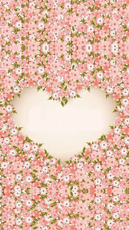库网—手绘花朵墙面心形框粉色H5背景素材