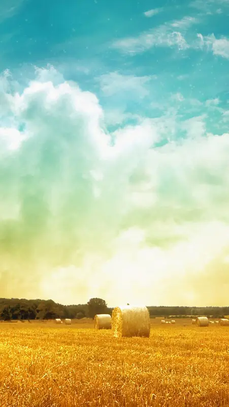 风景蓝天白云黄色麦场H5背景素材