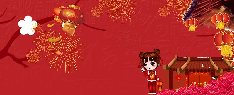 卡通新年烟花庆祝红色背景