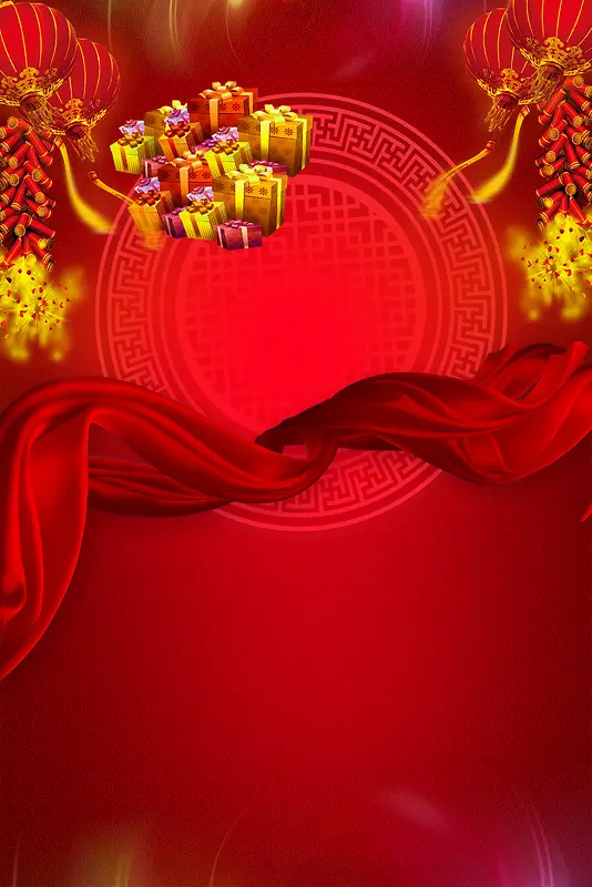中国风红色鞭炮丝绸开年大促背景素材