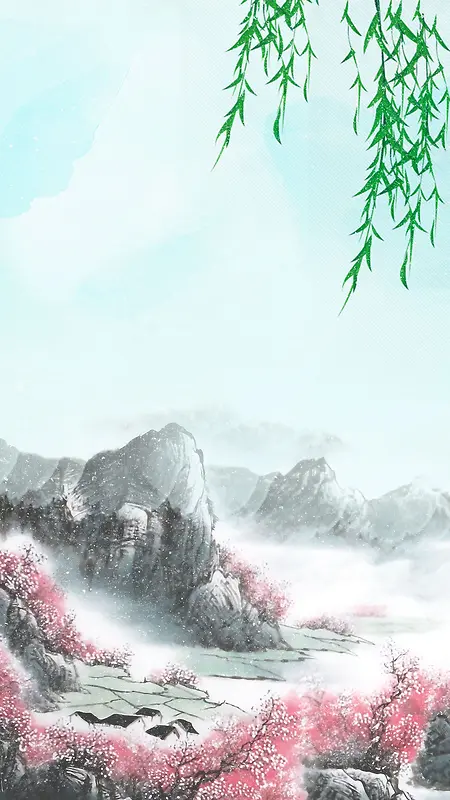 中国风降雨山水背景设计图