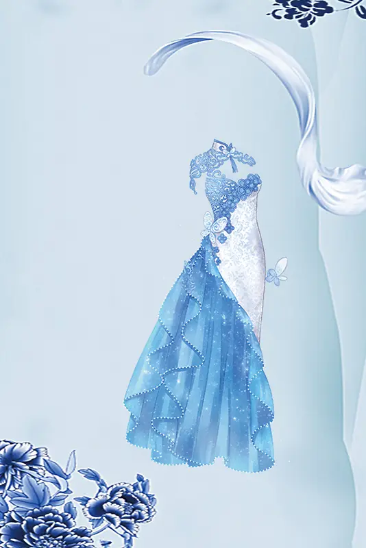 蓝色梅花创意中式旗袍海报背景素材