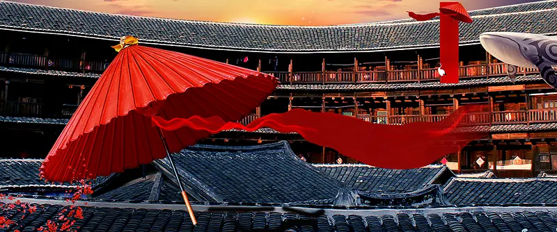 中国风红伞飘带背景