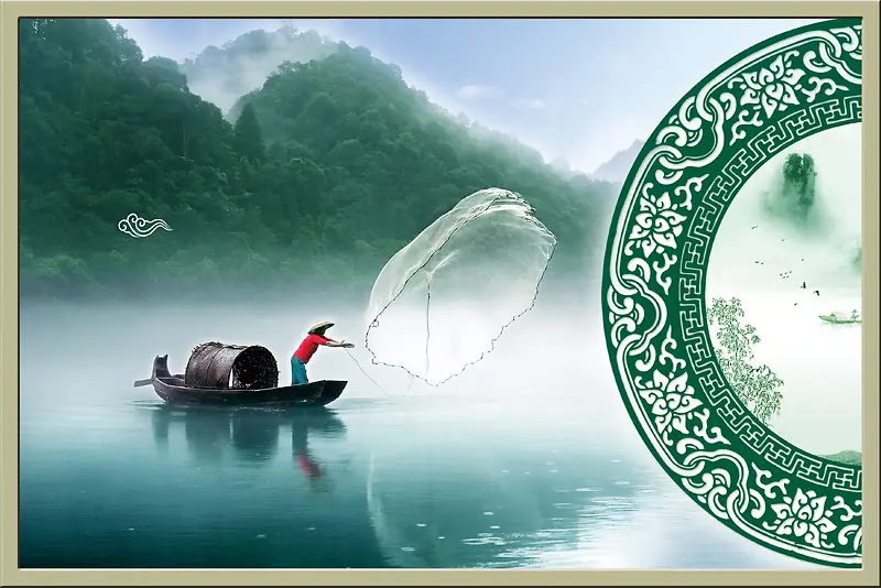 中国风古典渔船捕鱼海报背景