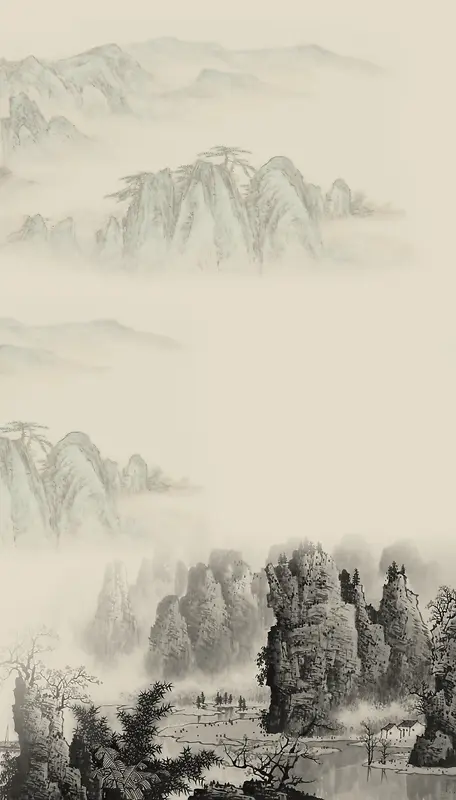 中国风山水壁画海报背景素材