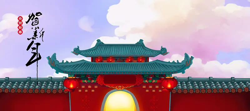 新年春节红色手绘中国风电商城门banner