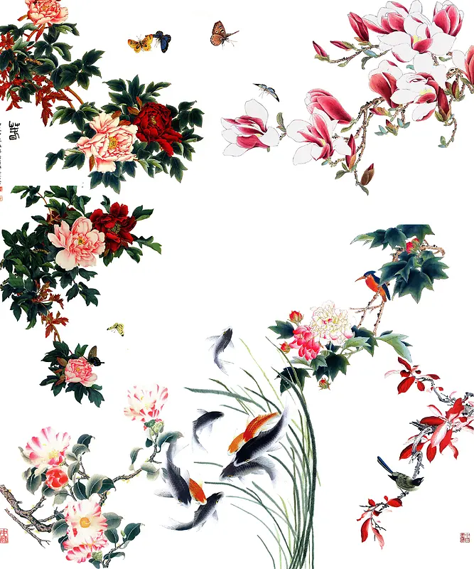 中国风工笔画花鸟背景