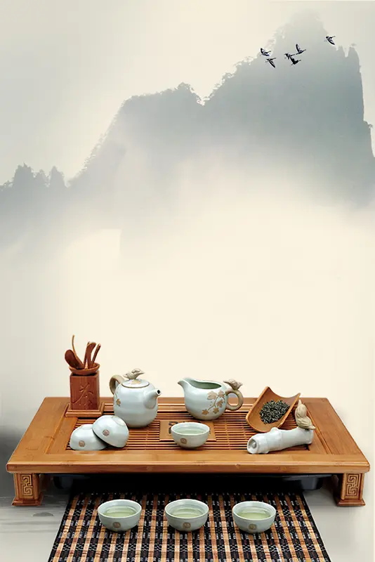 中国风水墨茶具茶道文化背景素材