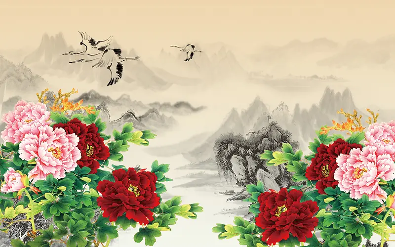 中国风水墨山水牡丹海报背景素材