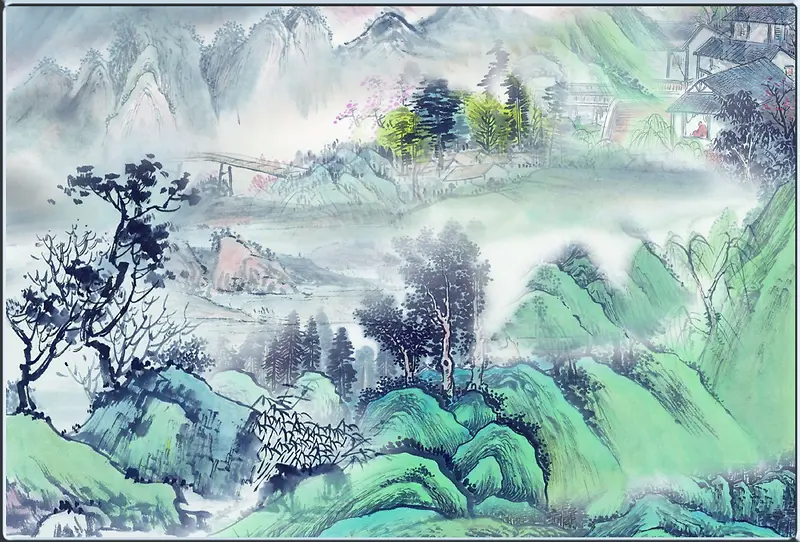 中国风国画山水素描