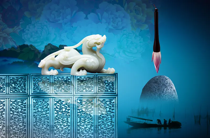 中国风笔墨玉雕蓝色背景素材