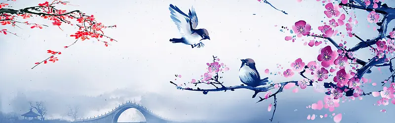 花鸟水墨中国风海报背景