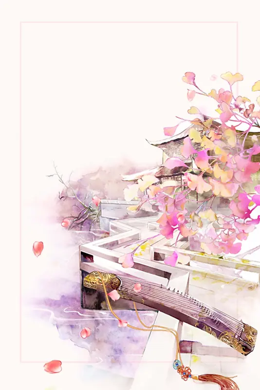 中国风水彩花卉古筝海报
